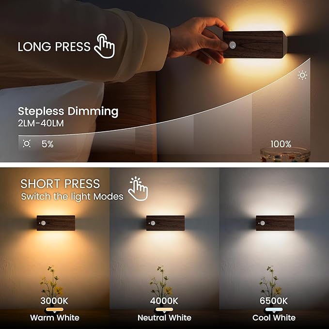 Wooden Motion Sensor Night Light, LED Backlit Nightlight, Rechargeable Light with Two-Sided Glow for Decor, Magnetic Stick-on, 3CCT Dimmable Lights for Hallway, Bedroom, Stairs, Black Walnut