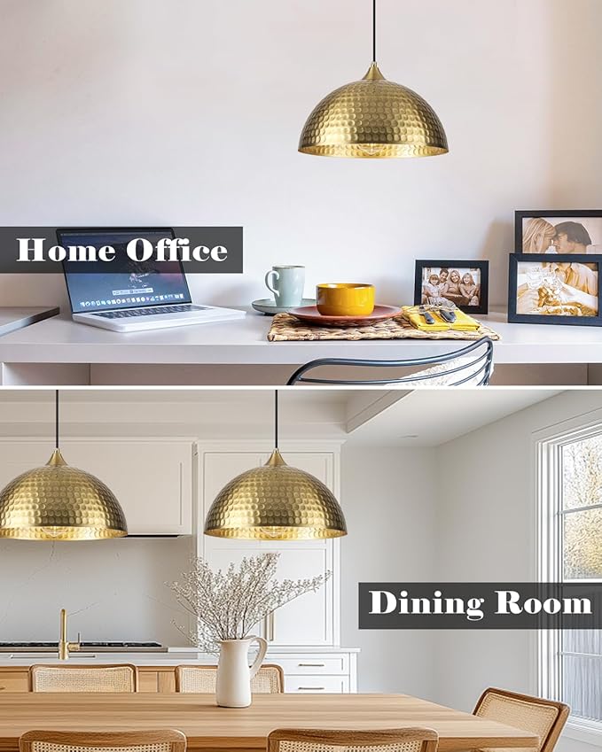 HLOHATAL Hammered Dome Pendant Light 1 Pack, Gold Dome Pendant Light, 12 Inch Metal Industrial Pendant Lights, Kitchen Island Pendant Lights for Kitchen, Dining Room, Bar