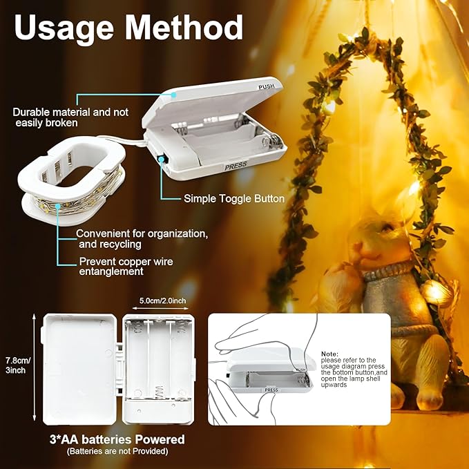 LED Fairy Lights Battery Operated 2 Pack, 16FT 50LED String Lights Silver Wire String Light Waterproof Cuttable Starry Fairy Light for Bedroom Easter Halloween Christmas Decoration (White+Warm)