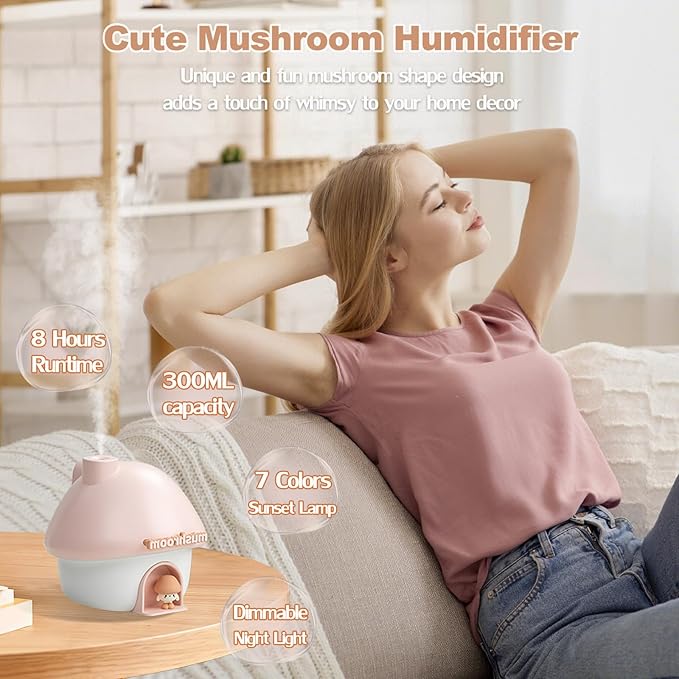 Humidifier for Bedroom, 300ML Cute Mushroom Humidifier with Night Light & 6 Colors Sunset Lamp Projection, Rechargeable Cool Mist Small Humidifier, Mini Humidifier Gifts for Kids Boys Girls (Pink)