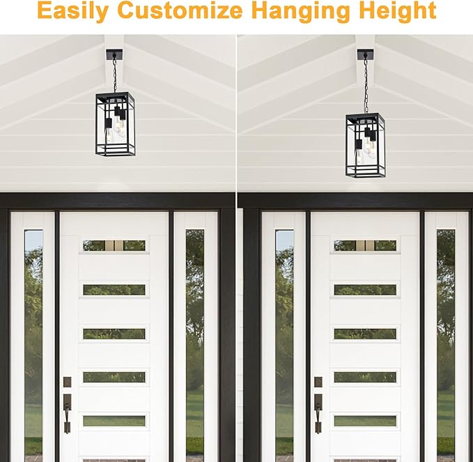 3-Light Outdoor Pendant Lights for Porch, Black Outdoor Chandelier 16'' Large Exterior Hanging Porch Light Fixtures with Clear Glass, Waterproof Outside Pendant Lantern for Garage Foyer