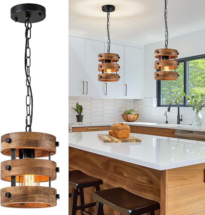 Farmhouse Dining Room Light Fixture, Retro Industrial Metal and Wood Chandelier, Rustic Pendant Lights Kitchen Island for Foyer Hallway Bar Restaurant, D 7.9" x H 8.7"