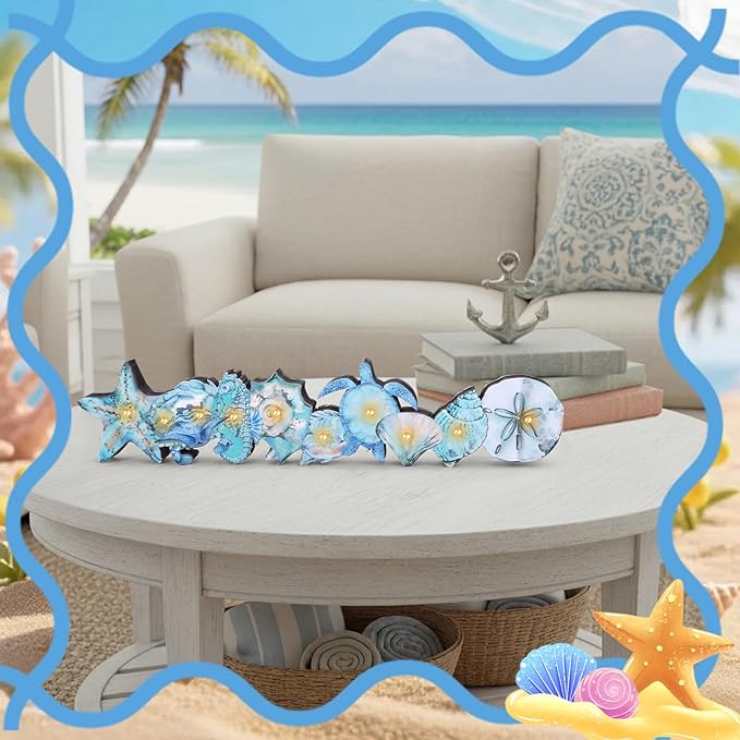 Yousoontic Summer Ocean Animals Table Centerpieces with LED Lights, 3D Wooden Coastal Decor Block, Nautical Under The Sea Sign Decor for Home Mantel Desk, Beach Themed Summer Holiday Party Decorations