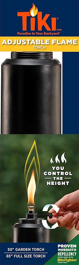 TIKI Adjustable Flame Resin Torch – Black Decorative Outdoor Lighting for Backyard, Lawn, Patio & Garden | 65" | Weather-Resistant | Includes Long-Lasting Wick & Snuffer