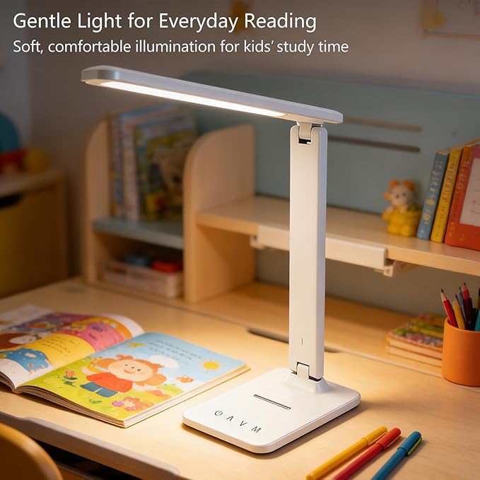 LED Desk Lamp with USB Charging Port, 5 Color Modes & 5 Brightness Levels, Eye-Caring Dimmable Touch Control Table Lamp, Adjustable Foldable Arm, USB-C Powered Desk Light for Study, Office, Bedroom