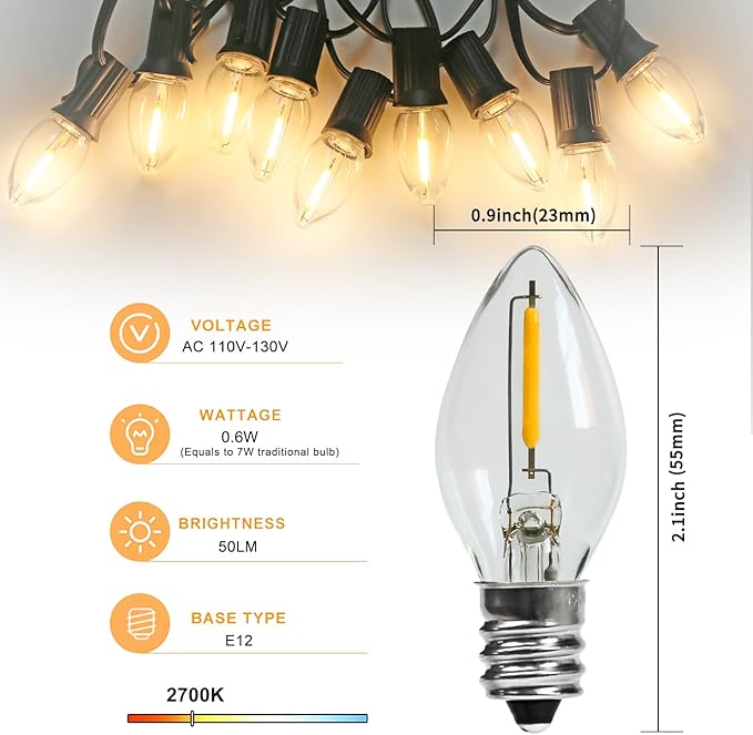 Night Light Bulb – C7 E12 Base Salt Lamp Bulbs, 0.6 Watt Equivalent 7W Incandescent Bulb, Warm White 2700K, Window Candles & Chandeliers Replacement Bulb, 25 Pack
