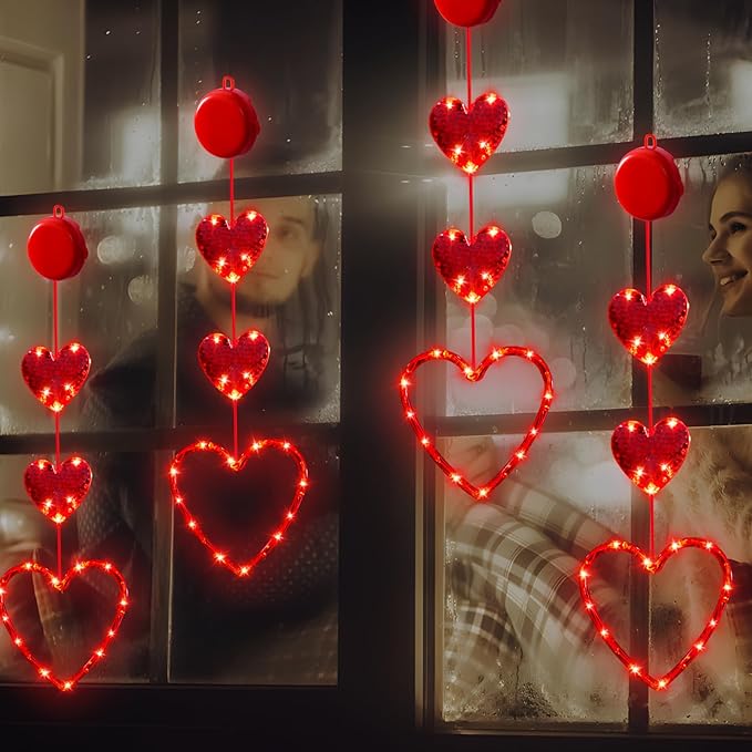 3 Pack Valentines Day Window Lights Decorations with Timer, Battery Powered Hanging Red Lighted Heart Shaped Silhouette Sucker LED Lamp for Fireplace Indoor Home Decor