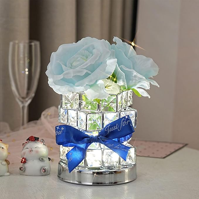 Rose Crystal Table Lamp, Rechargeable Cordless Rose Light 3 Colors Dimmable LED Flower Lamp for Bedroom Living Room Decor, Valentine Birthday Gift for Her (Blue)