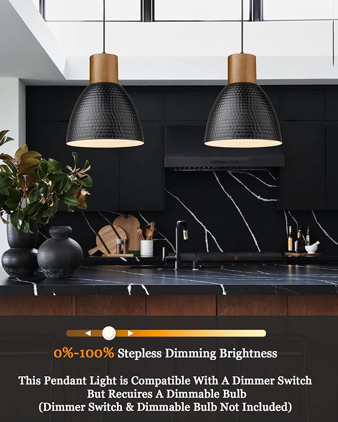 ELYONA 2 Pack Hammered Pendant Lights, 10.2” Industrial Metal Solid Wood Hanging Lamp, Modern Island Pendant Light Fixtures for Kitchen Bar, Farmhouse Dining Room, Bedroom, Living Room, Office, Black