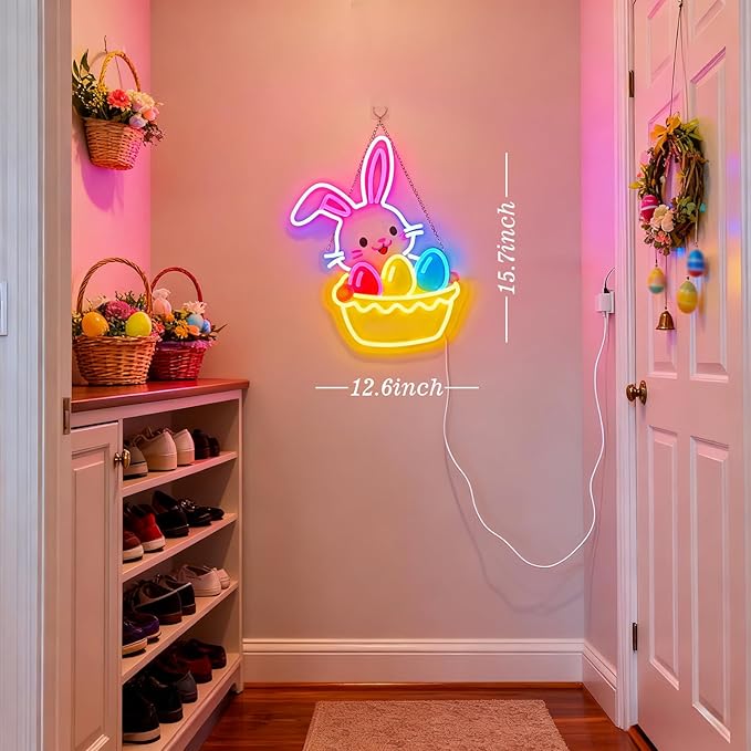 Easter Egg Basket Neon Sign with Bunny - Rabbit Holding Basket Wall Decor, 10-Level Dimmable LED Light, USB Powered Easter Basket Stuffers Gift, 15.7"x12.6"