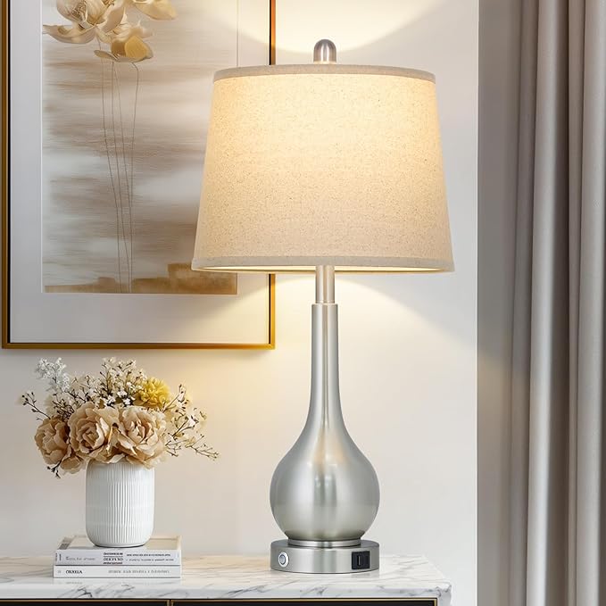 26" Silver Table Lamp for Living Room Single, Touch Control Bedside Lamp with USB Charging Ports, 3-Way Dimmable Brushed Nickel Bedroom Lamp for Nightstand (1 Pack)