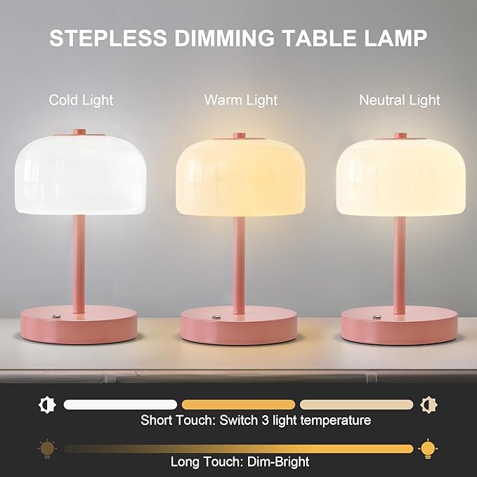 Oneach Portable Cordless Table Lamp, Rechargeable Battery Powered Lamp with Opal Glass Shade, 3-Way Dimmable LED Touch Mushroom Table Lamp for Bedroom, Bedside, Living Room, Dining Room, Patio, Pink