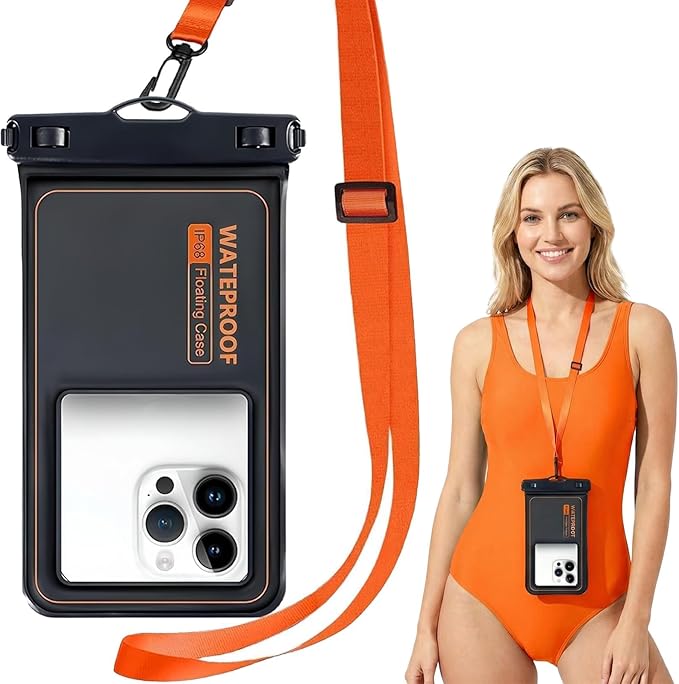 Marine IP68 Waterproof Phone Pouch, Floating Waterproof Dry Bag Compatible for iPhone 17 16 15 14 13Pro Max Plus Up to 7",Cellphone Cruise Essentials Must Haves, 1 Pack- Black/Hi-Vis Orange