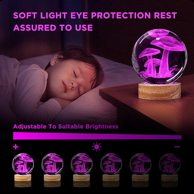 Mushroom Crystal Ball Night Light - 3.15 inch Glass Ball Lamp with 16 Color Changing Wooden Base and Remote - Ideal Gifts for Friends, Kids, Christmas, Birthday - Cute Mushroom Decor