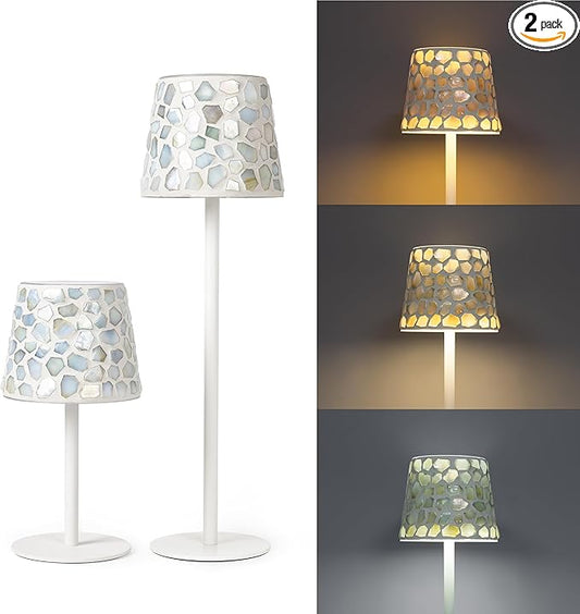 AELS Mosaic Rechargeable Lamps Cordless White Lamps Set of 2, 5200mAh Handmade Portable LED Touch Table Lamps, 3 Color Stepless Dimming Battery Powered Lamp, Wireless Lamp for Wedding Bedroom