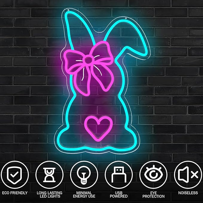 Easter Neon Sign Bow Neon Lights for Wall Bunny LED Sign Cute Rabbit Neon Light Sign for Bedroom Living Room Happy Easter Decorations Light Sign Neon Wall Art for Home Office