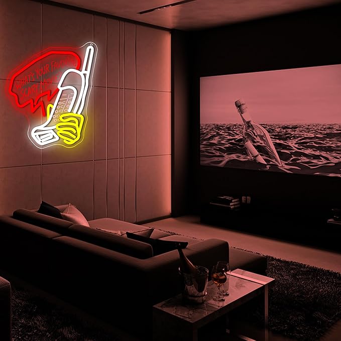 What'S Your Favorite Scary Movie Neon Sign for Wall Decor Dimmable Gothic LED Neon Light for Escape Room Bedroom Bar Halloween Party Terrifying Interior Birthday Gifts Size 14.3 * 11.2 Inch(TWP357)