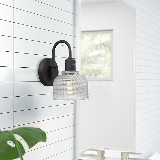 Yosoan Brass Boho Vintage Wall Sconce with Striped Shade, 1-Light Modern Vanity Light Industrial Single Wall Mounted Hardwired Bowl Texture Glass Shade for Living Room Bedroom Kitchen Hallway(Black)