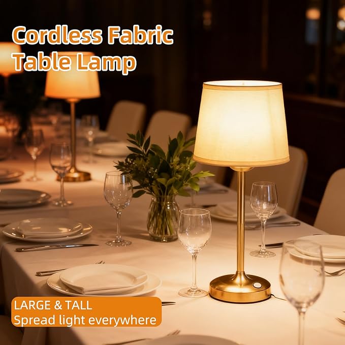 Cordless Table Lamp Gold with Dimmer, 4000mAH Battery Operated Lamp Rechargeable, 3 Color Temperature Touch Control Fabric Desk Light for Dining Room, Bedroom, Bar, Patio, Counter, Restaurant