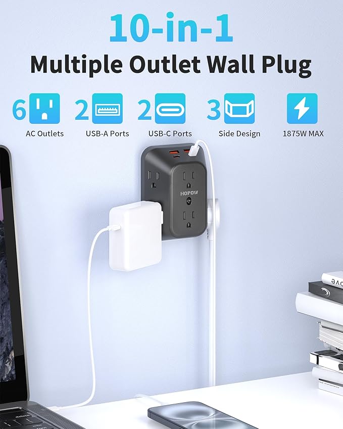 USB Wall Charger Surge Protector, HOPOW 6 Outlet Extender with 4 USB Charging Ports (2 USB C), 3-Sided 1050J Multi Plug Wall Outlet, Wall Mount for Home Travel Office, Black