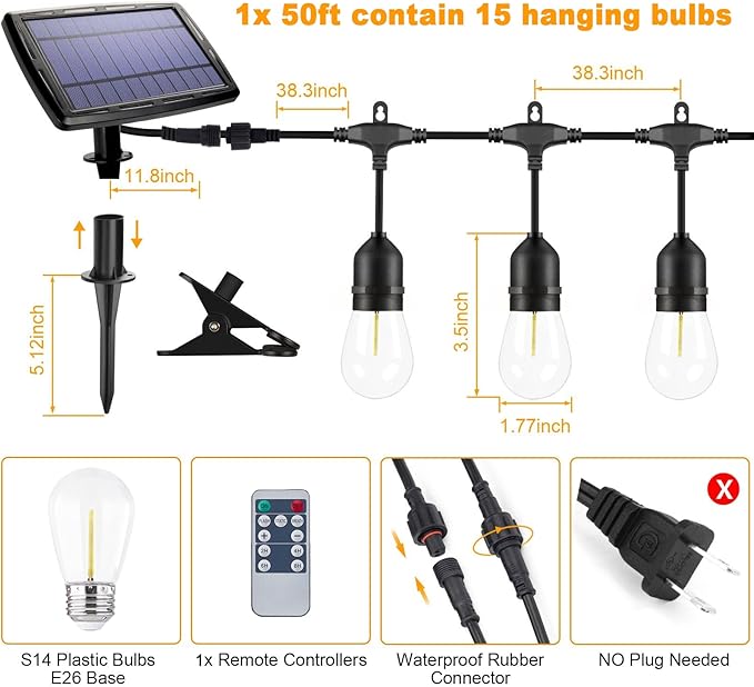 50FT Solar String Lights Outdoor with Remote, 15 Shatterproof Edison LED Bulbs, Dimmable Waterproof Color Changing Patio Lights for Garden, Backyard, Camping