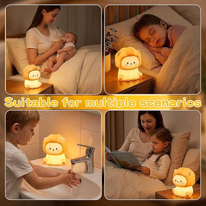 Cute Lion Night Light for Kids, Rechargeable Nursery Lamp with Timer, 3 Brightness Levels & Warm Light, Soft Silicone Baby Night Light, Tap Control, Gift for Toddlers