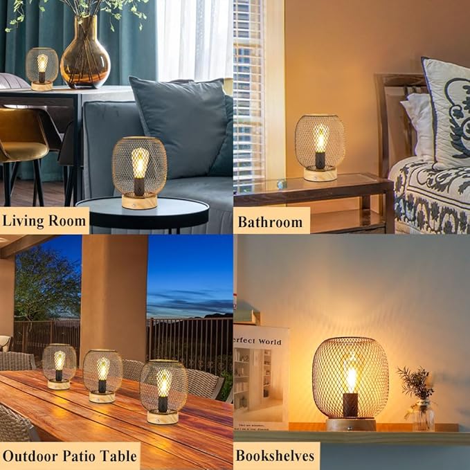 JHY DESIGN Set of 2 Dimmable Touch Bedside Table Lamps 7.5''H Metal Cage Rechargeable Battery Powered Accent Lamps with LED Bulb for Dining Table Parties Patio Indoors Outdoors(Round, Wooden Base)