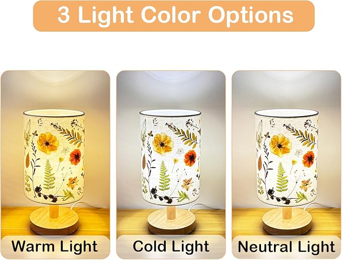 Dried Flowers Table Lamp, Vintage Floral Beside Lamp,5w Led 3-Color Cute Linen Shade Desk Lamp for Bedroom Office Nursery with Wood Base