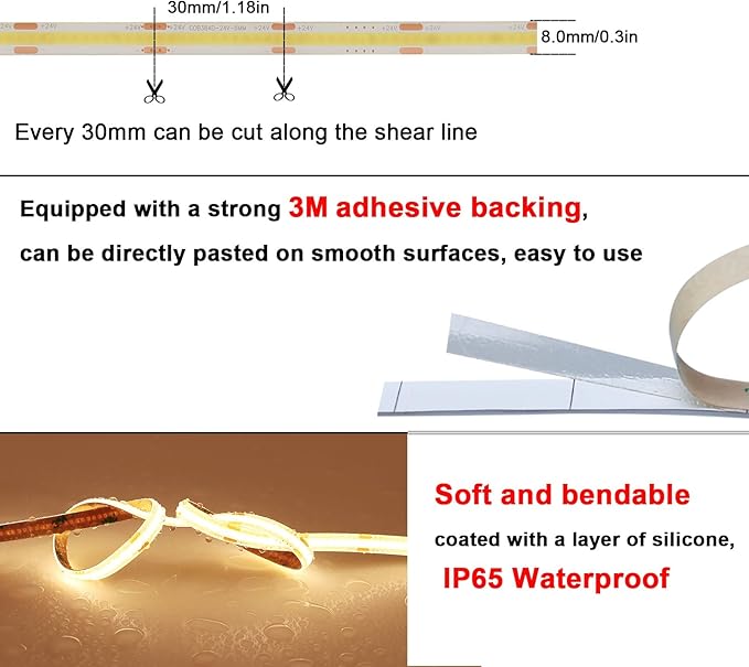 TOPAI 24V COB LED Strip 32.8ft Warm White 3000K Outdoor Waterproof CRI>93 Self Adhesive Uniform Dotless 384LEDs/M Cuttable Flexible for Cabinet Home Office DIY Lighting Projects