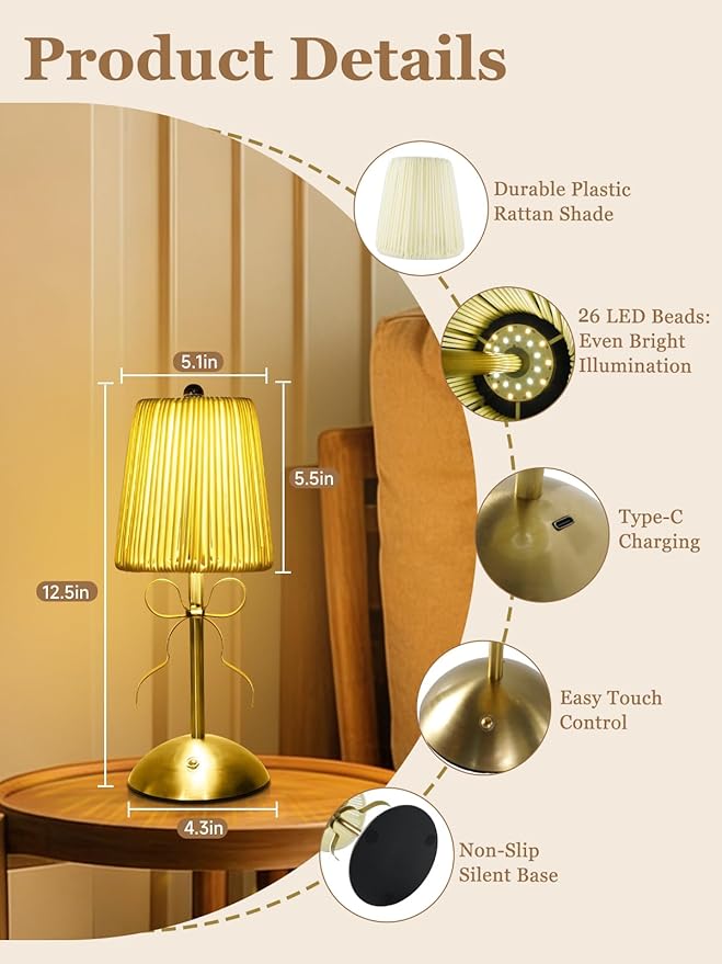 Boho Bow Rattan Table Lamp, Cordless Wicker Woven Vintage Table Lamp - LED Rechargeable Touch Control 3 Color Dimmable Reading Bedside Lamp for Bedroom Living Room Office, Home Outdoor Decor