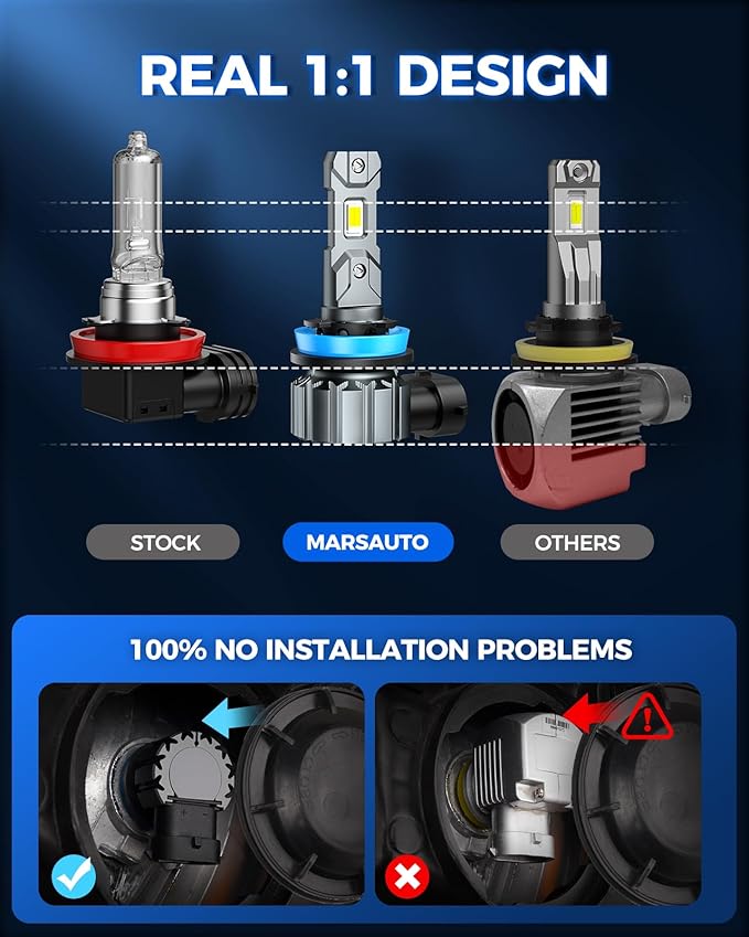 Marsauto M1S 9005/HB3 H11/H9/H8 Bulbs Combo, 900% 60000LM Brighter 9005 H11 Lights, 6000K Cool White HB3 H8 Bulbs fog, 3Mins Plug and Play, IP68, Pack of 4