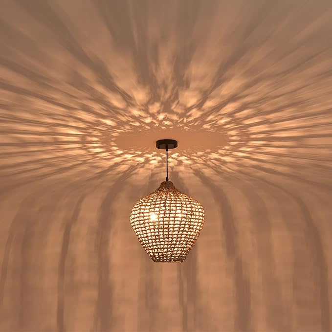 15.75" Rattan Pendant Light,2-Light Boho Hand Woven Coastal Wicker Hanging Ceiling Chandeliers,for Kitchen Island, Dining Room, Farmhouse,Foyer