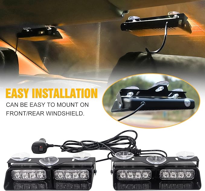XRIDONSEN Amber 2 in 1 Emergency Dash Strobe Lights Interior Windshield Lights Hazard Warning Safety Flashing w/Suction Cups for Construction Trucks, Vehicles Car (2×7.16 inch, 16 LED)