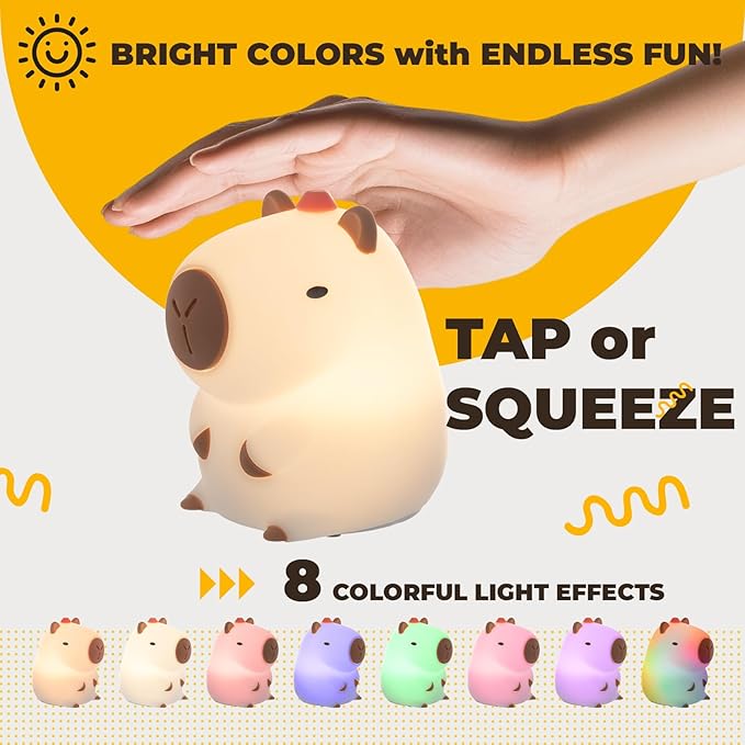 Adorable LED Squishy Animal Night Light - 2 Level Dimmable Nursery Lamp for Kids, Rechargeable Touch Lamp, Cute Dorm Decor - Perfect Baby Boys Girls Gift (Kapibala)