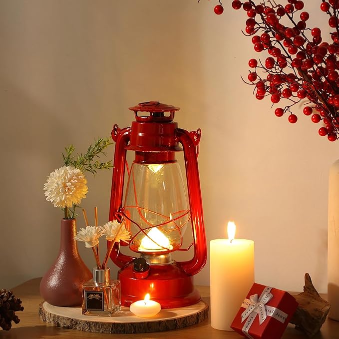 Hortsun 6 Pcs 12 Inch Vintage LED Hurricane Lantern Metal Red Outdoor Battery Operated Hanging Lantern with Warm LEDs and Dimmer Switch for Indoor Rustic Farmhouse Country Camping Decor