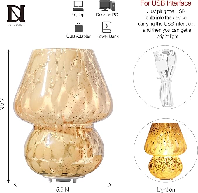 Glass Mushroom Lamp Cordless Table Lamp for Bedroom, Small Desk Bedside Lamps for Living Room, Mushroom Decor Cute Mini Modern Lamps Battery Operated for Night Stands, Aesthetic Home Living Room Decor