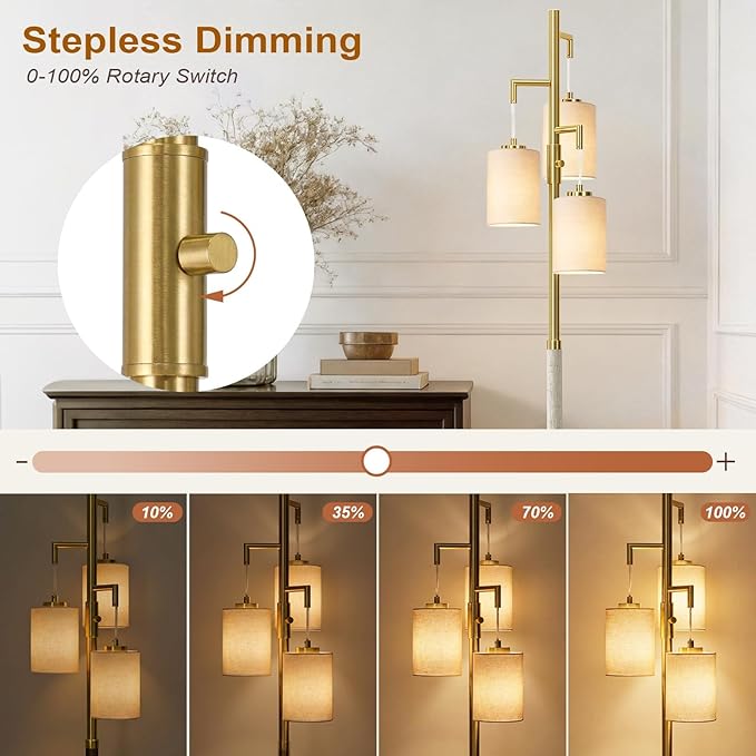 70" Dimmable Floor Lamp Wood Floor Lamps for Living Room Bedroom Mid Century Modern Floor Lamp Gold Standing Lamp Tall Lamps for Office Nursery Reading Elegant Stand Up Lamp, 3 Bulbs Included