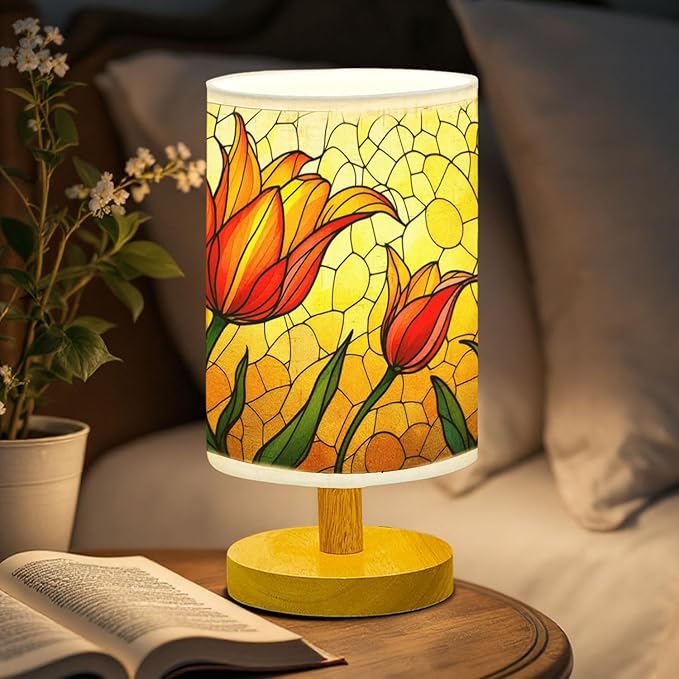 Tulip Table Lamp LED 3-Color Pressed Bedside, Tulip Shade Lamp with Wood Base for Bedroom Living Room Desk Office TL01