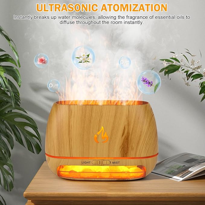 3-in-1 Ultrasonic Essential Oil Diffuser & Himalayan Salt Lamp Diffuser & 7 Colors Changing Oil Diffuser,100% Pure Himalayan Pink Salt Rock, Waterless Auto off-200ml (Wooden Grain)