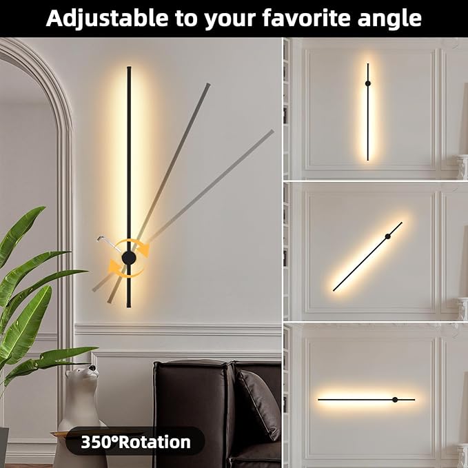 LED Wireless Wall Sconce with Remote Control, Dimmable/350° Rotate/Timing/USB Rechargeable Battery Powered Indoor Wall Lamps, 39.9 inch Black Wall Lights Set of Two for Hallway, Living Room, Bedroom