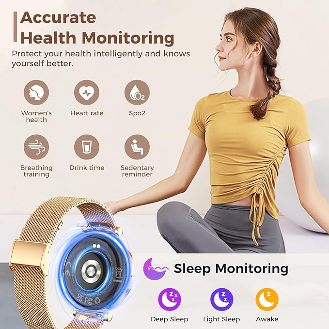 Smart Watch for Women, HD AMOLED Display Fitness Tracker Bluetooth Make/Answer Call, 1.19" Watches with 110+ Sports Modes/Heart Rate/Sleep Monitor/SpO2, Smartwatch IP68 Waterproof for Android iOS
