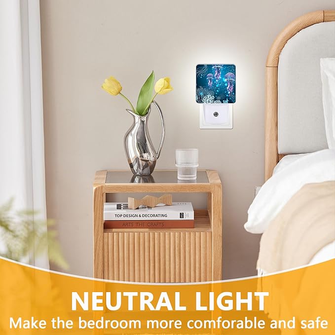 Jellyfish Night Light, Plug-into Underworld Sea Animals Nightlight White LED Lamp, Energy Efficient Decor Desk Lamp for Bedroom Hallway Stairs Bathroom