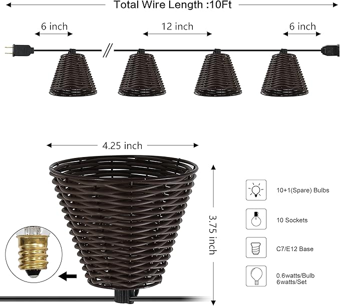 JONATHAN Y JYL8706C Payton 10-Light Indoor/Outdoor 10 ft. Classic Cottage LED G40 Faux-Rattan Shaded String Lights Coastal, Traditional, Farmhouse, Rustic, Patio, Porch, Backyard, Dark Brown
