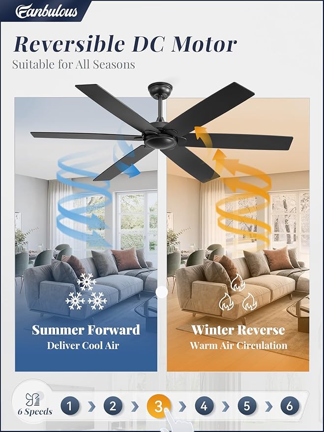 Fanbulous 60 inch Ceiling Fan No Light，Black Ceiling Fan with Remote, Flush Mount Low Profile, Quiet DC Motor & Reversible, Indoor/Outdoor Ceiling Fans without Light for Bedroom, Living Room, Patio