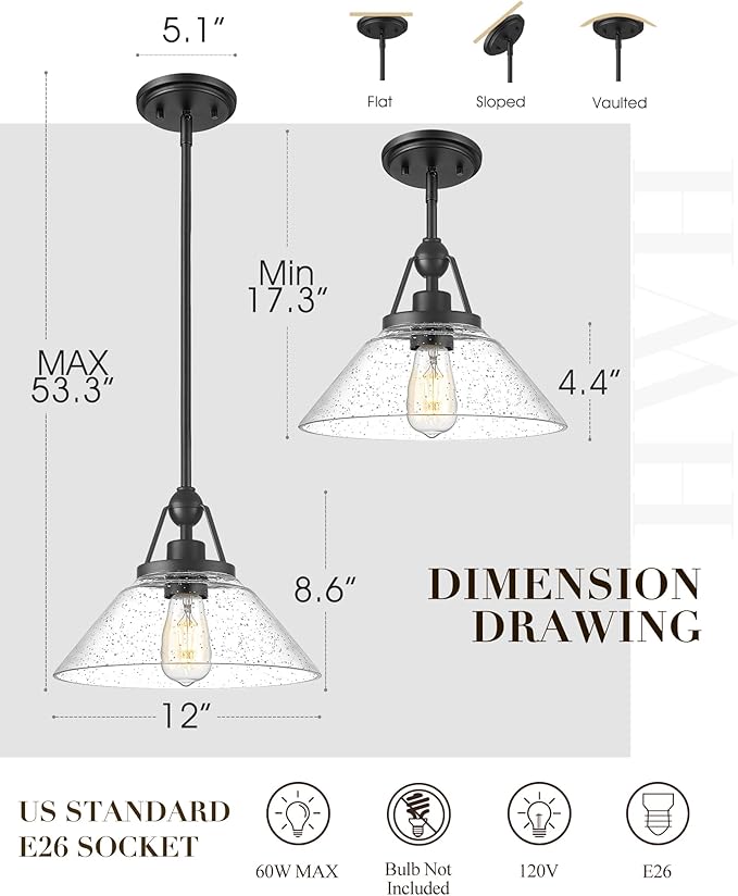 Black Pendant Light, HWH Hanging Light Fixtures for Dining Room, Bedroom, Glass Pendant Light for Kitchen Island with Seeded Glass, 5HYS89MIL-G1 BK