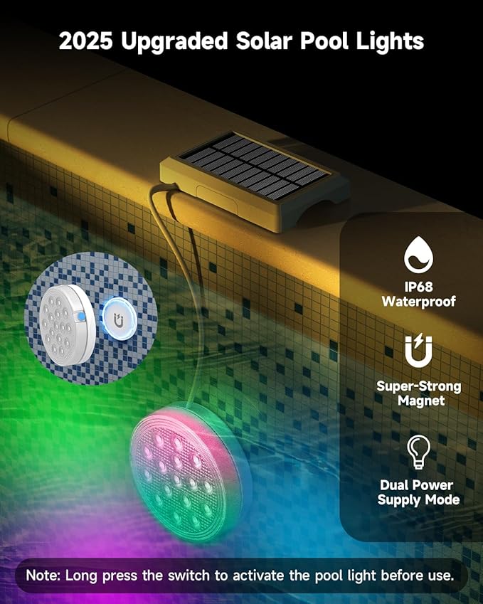 Solar Pool Lights, Rechargeable Submersible LED Lights with Remote, IP68 Waterproof Built-in Magnet Solar Underwater Light for Above Ground/Inground Pools, Pond Decoration(1 Pack)