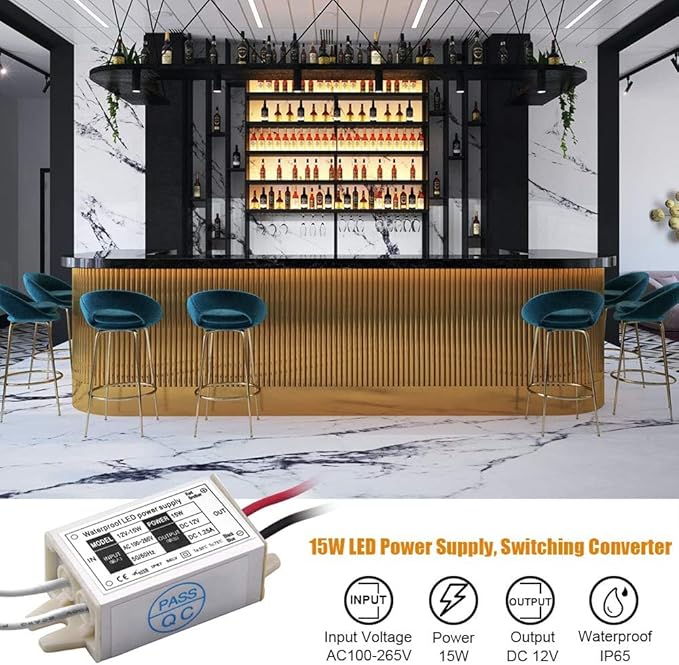 DC 12V Power Supply Driver Transformer - 15W Waterproof IP67 120VAC to 12V DC Converter Constant Voltage Switching Power Supply for LED Strip Lights, G4 MR11 MR16 Display (2-Pack)