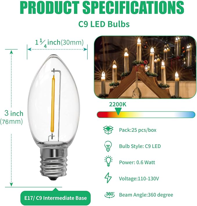 Meconard C9 Led Replacement Christmas Light Bulbs, C9 Shatterproof Plastic Led Bulbs for Christmas Outdoor String Lights, E17 Intermediate Base, Commercial Grade Holiday Bulbs, Warm White, 50 Pack