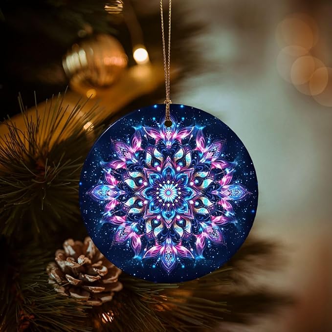 Glowing Mandala Bohemian Christmas Ornaments, Christmas Decorations Xmas Tree Hanging Ornaments, Round Ceramic Festive Keepsake Gift for Xmas Decorations Holiday Home Decor