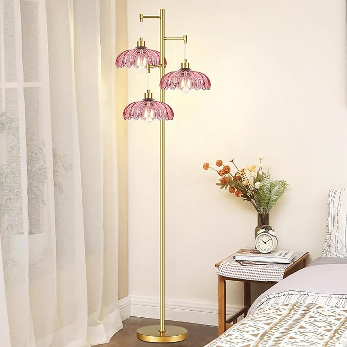 Pink Floor Lamp for Living Room,Bedroom,Gold Mid Century Modern Standing Lamp Brass Tree 3 Light Tall Floor Lamps Glass Floor Lights Flower Lamp Shade Girls Kids Boho Bohemian